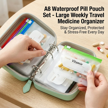 A8 Waterproof 14-Pouch Weekly Pill Organizer, Color-Coded Travel Storage for Vitamins & Supplements